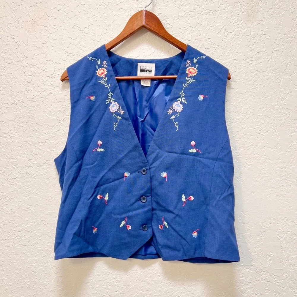 Leslie‎ Fay VTG Blue Embroidered Vest and Skirt Set Large Grandmacore 90s USA